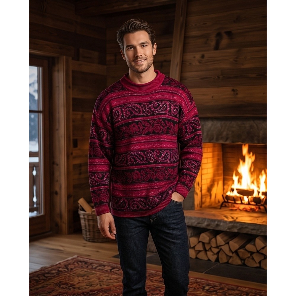 Stefano International Mens 52" Vintage Fair Isle Knit‎ Sweater Red Black OSFA